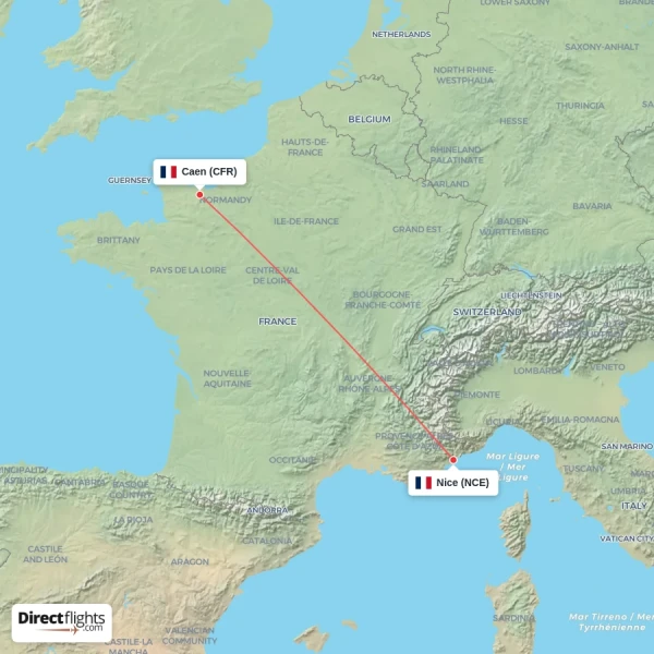 Nice - Caen direct flight map