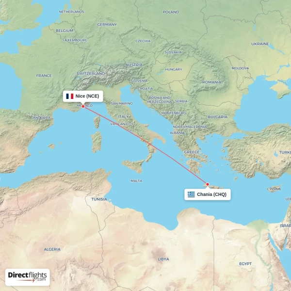Nice - Chania direct flight map