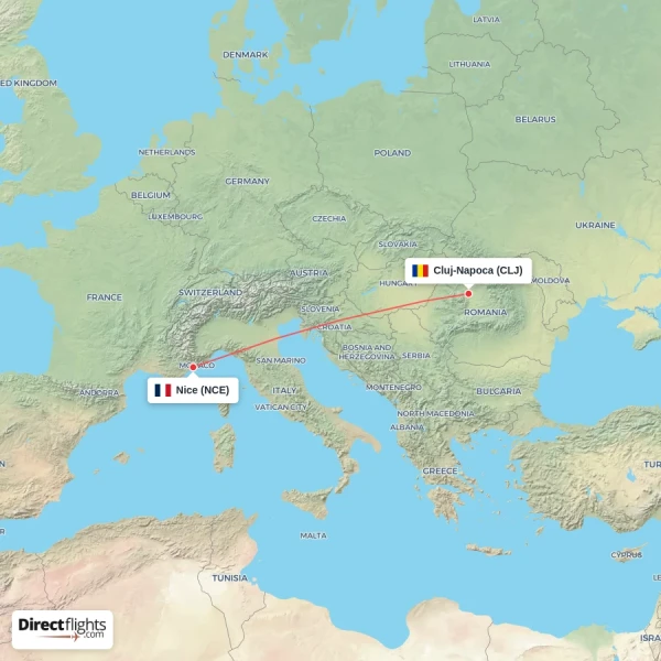 Nice - Cluj-Napoca direct flight map