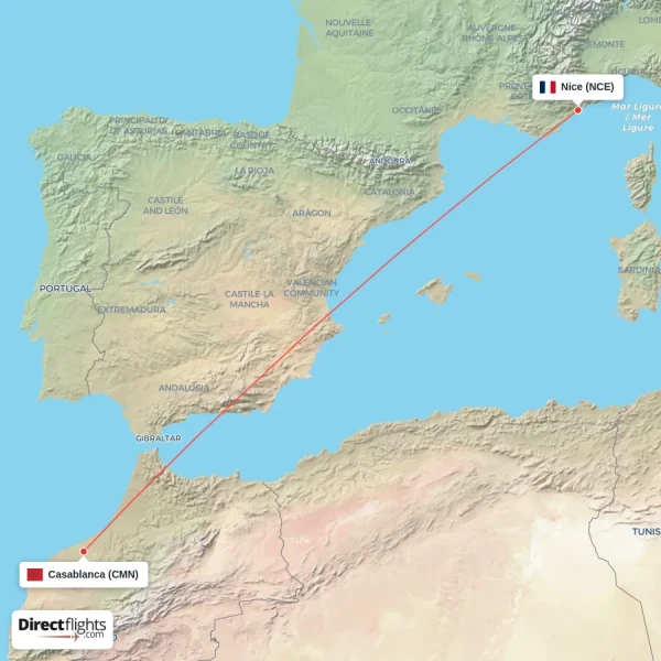 Nice - Casablanca direct flight map