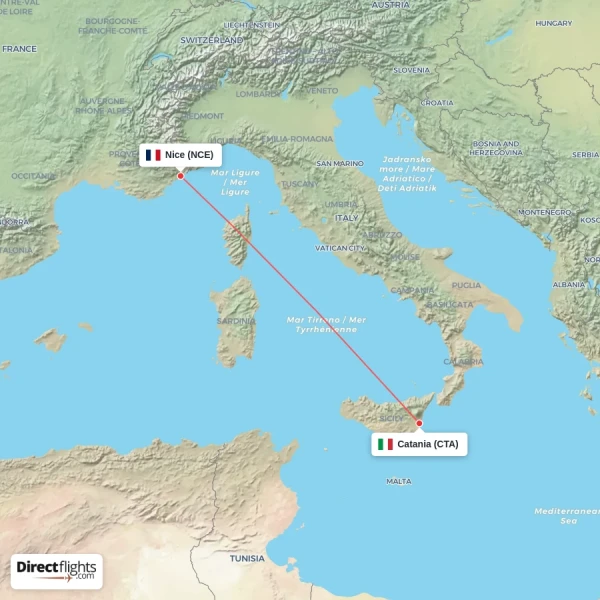 Nice - Catania direct flight map