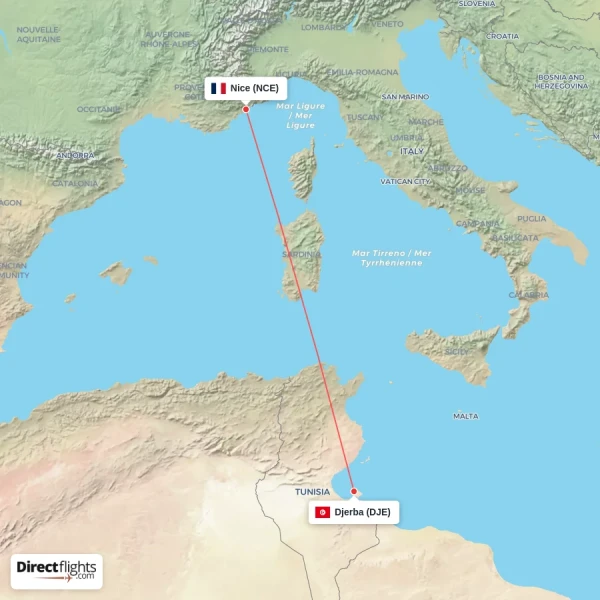Nice - Djerba direct flight map