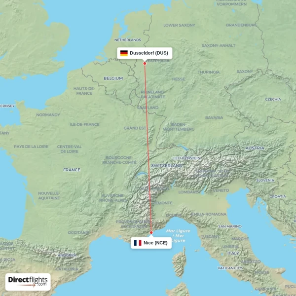 Nice - Dusseldorf direct flight map