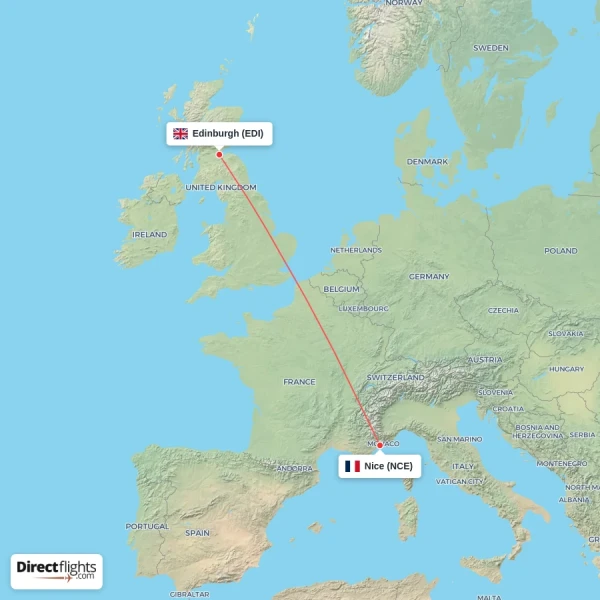 Nice - Edinburgh direct flight map