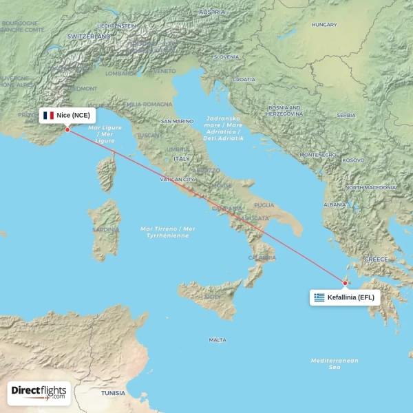 Nice - Kefallinia direct flight map