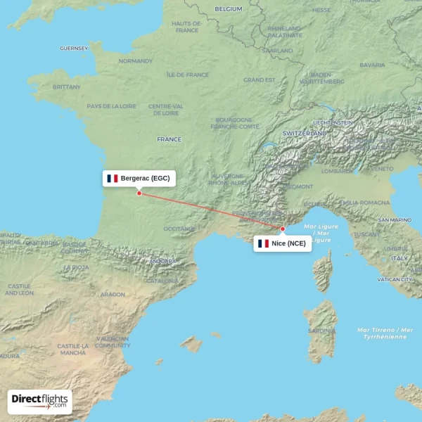 Nice - Bergerac direct flight map
