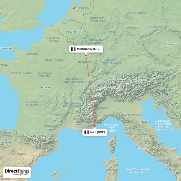 Nice - Metz/Nancy direct flight map
