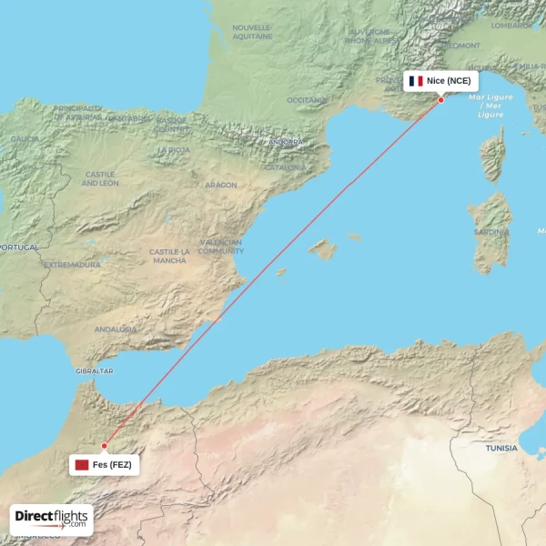 Nice - Fes direct flight map