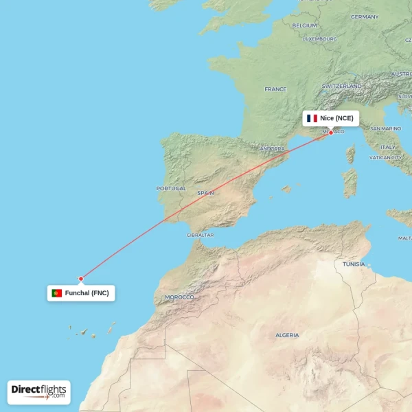 Nice - Funchal direct flight map