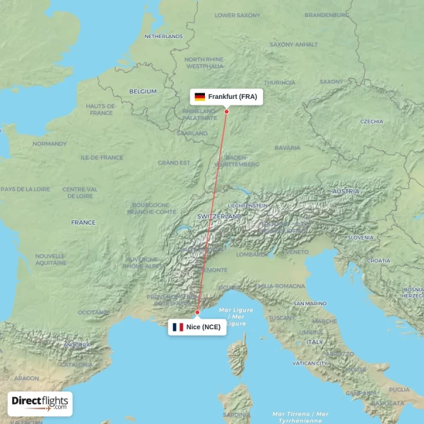 Nice - Frankfurt direct flight map