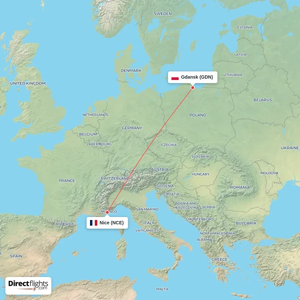 Nice - Gdansk direct flight map