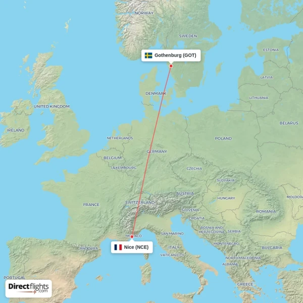Nice - Gothenburg direct flight map