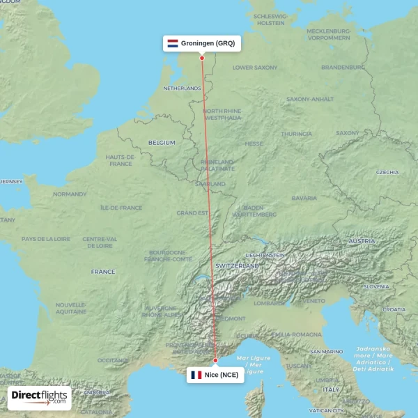 Nice - Groningen direct flight map