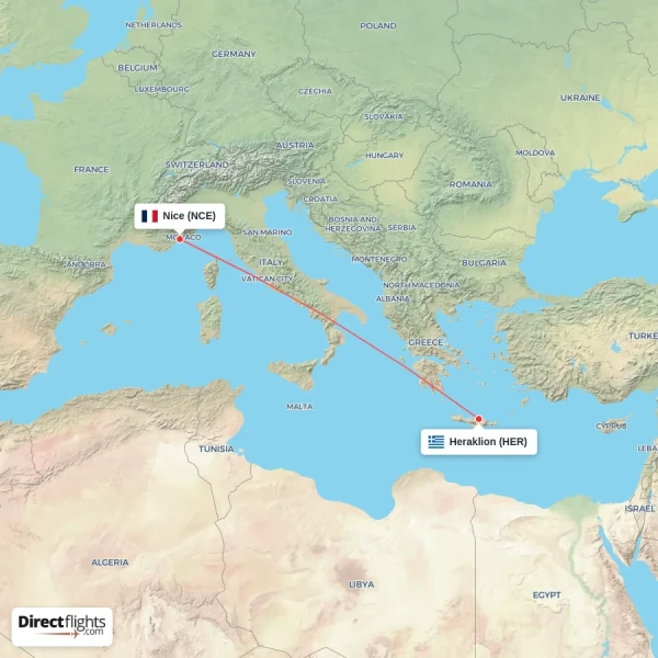 Nice - Heraklion direct flight map