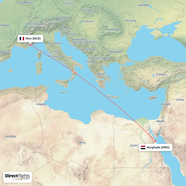 Nice - Hurghada direct flight map
