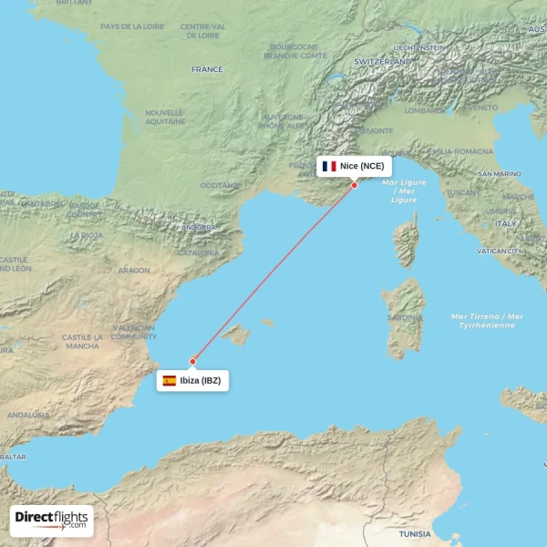 Nice - Ibiza direct flight map