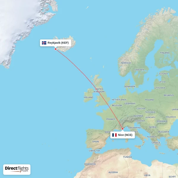 Nice - Reykjavik direct flight map