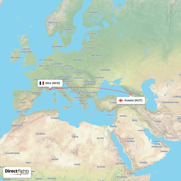 Nice - Kutaisi direct flight map