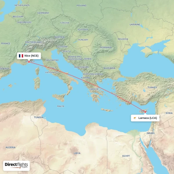 Nice - Larnaca direct flight map