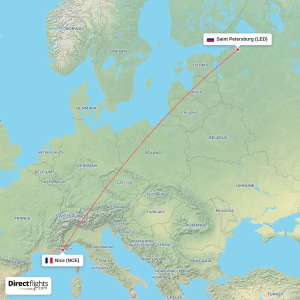 Nice - Saint Petersburg direct flight map