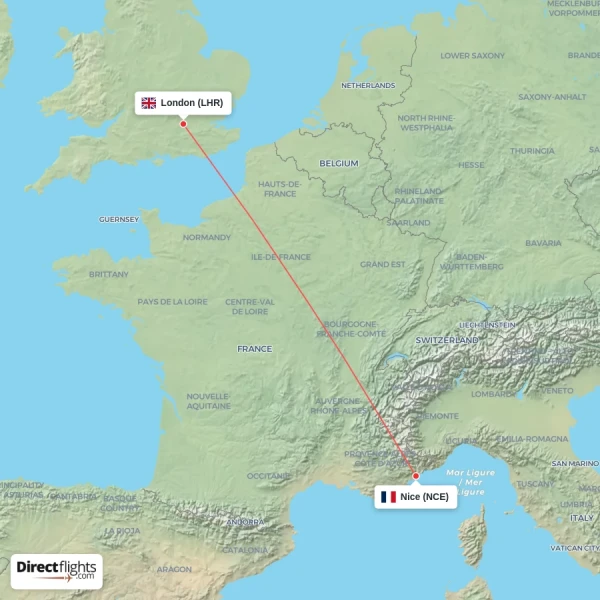 Nice - London direct flight map