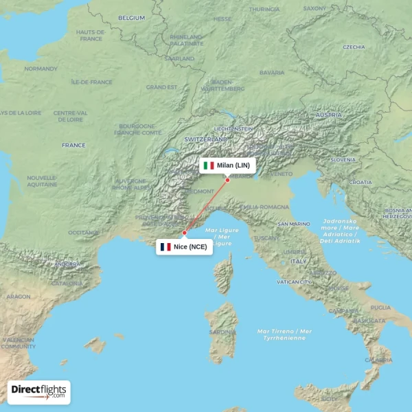 Nice - Milan direct flight map