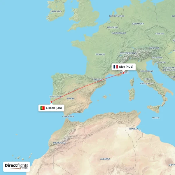 Nice - Lisbon direct flight map