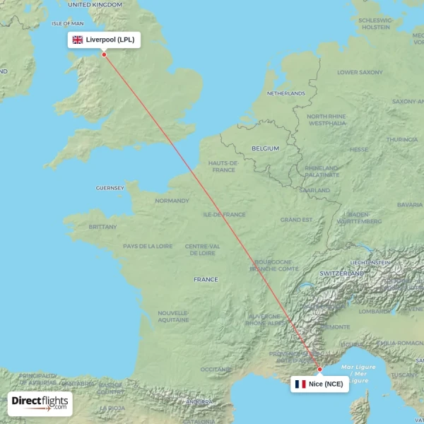 Nice - Liverpool direct flight map