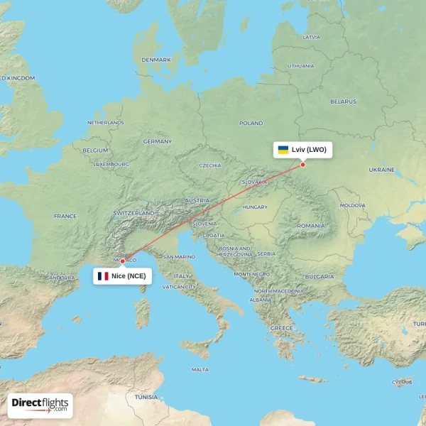 Nice - Lviv direct flight map