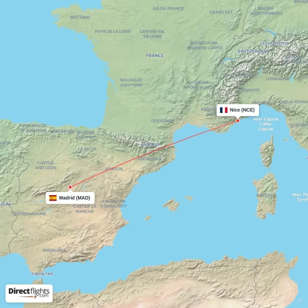 Nice - Madrid direct flight map