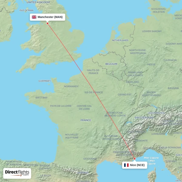 Nice - Manchester direct flight map