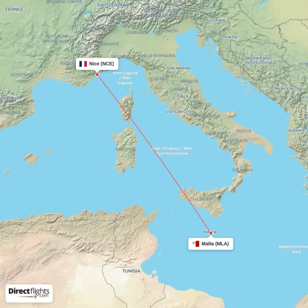 Nice - Malta direct flight map