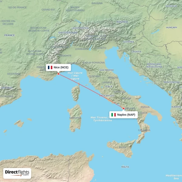 Nice - Naples direct flight map