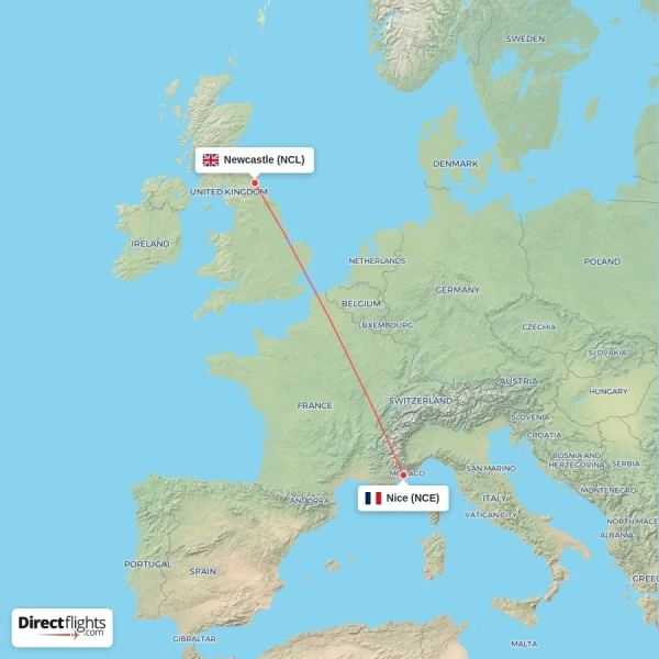 Nice - Newcastle direct flight map