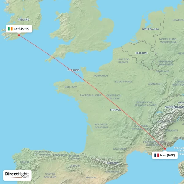 Nice - Cork direct flight map