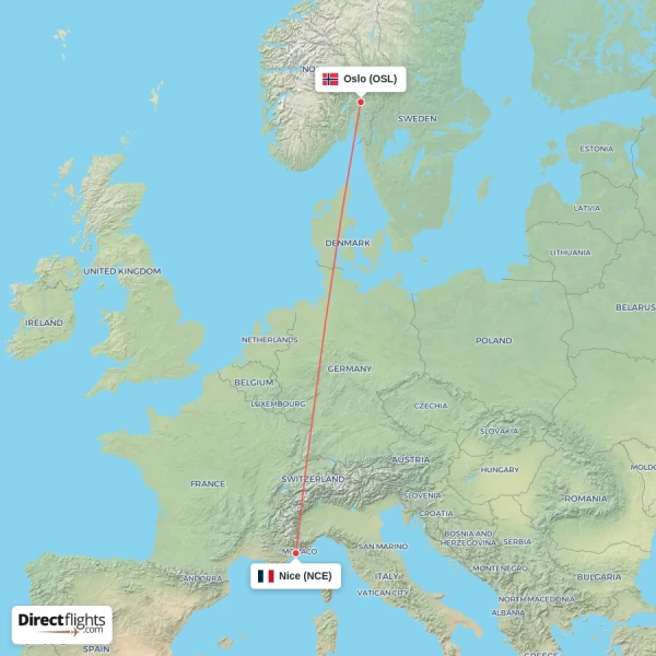 Nice - Oslo direct flight map