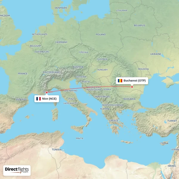 Nice - Bucharest direct flight map
