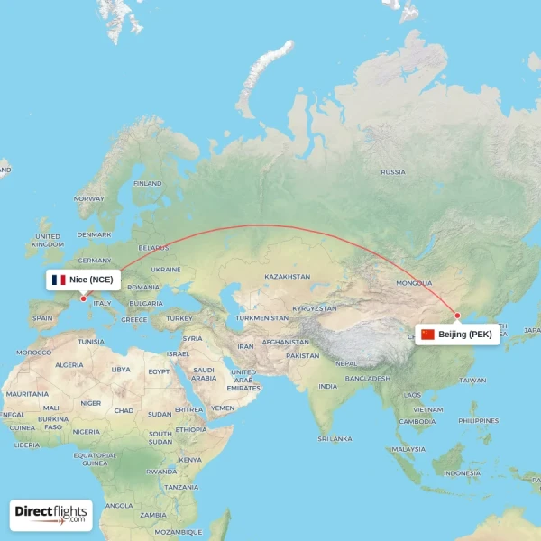 Nice - Beijing direct flight map