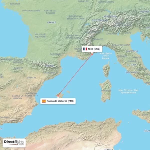 Nice - Palma de Mallorca direct flight map