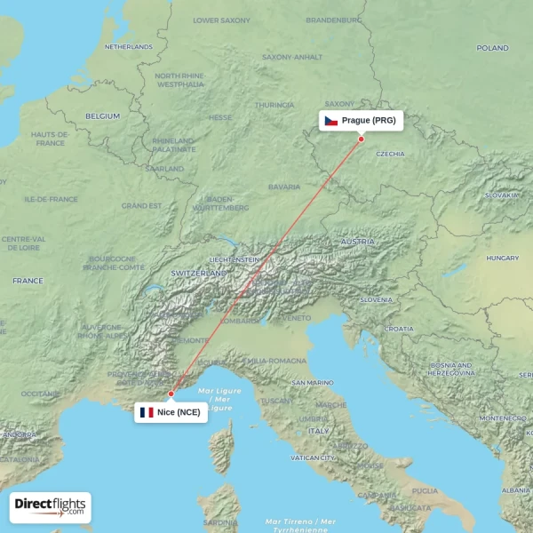 Nice - Prague direct flight map