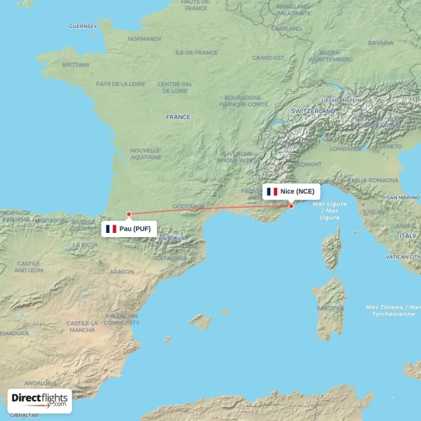 Nice - Pau direct flight map