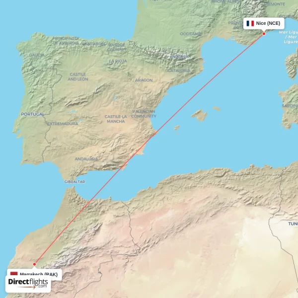 Nice - Marrakech direct flight map