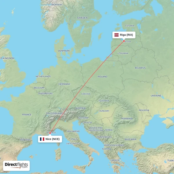 Nice - Riga direct flight map