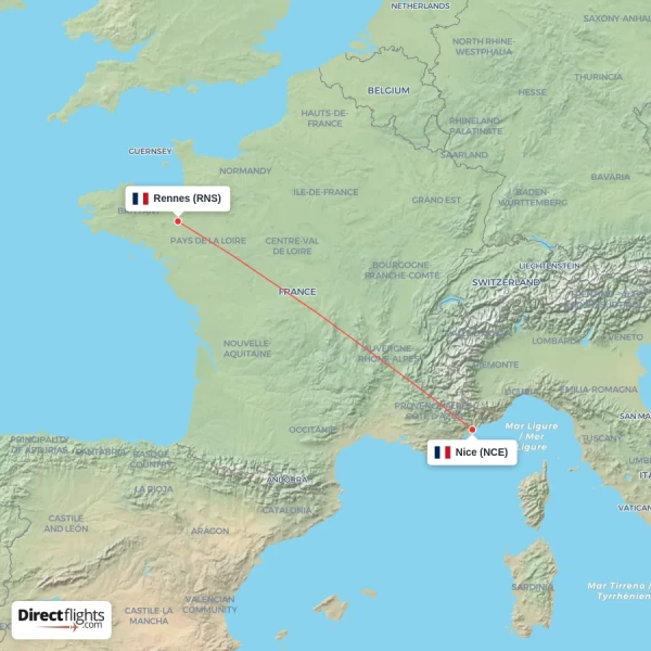Nice - Rennes direct flight map