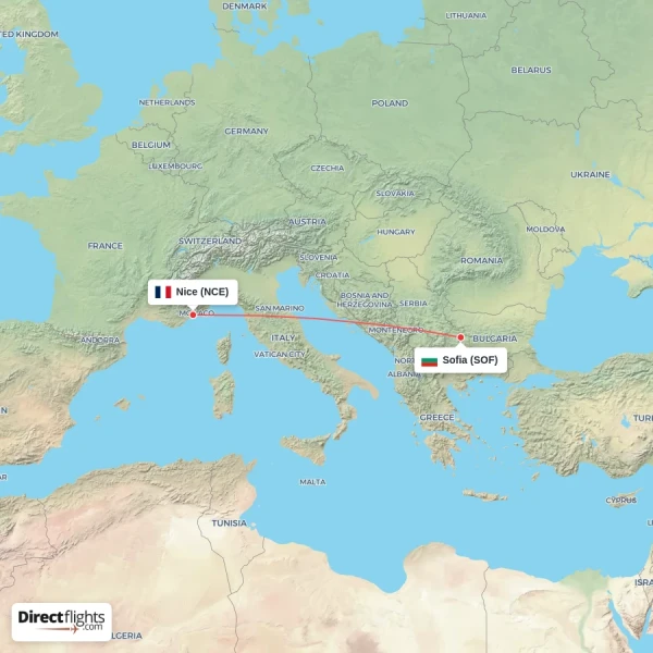 Nice - Sofia direct flight map