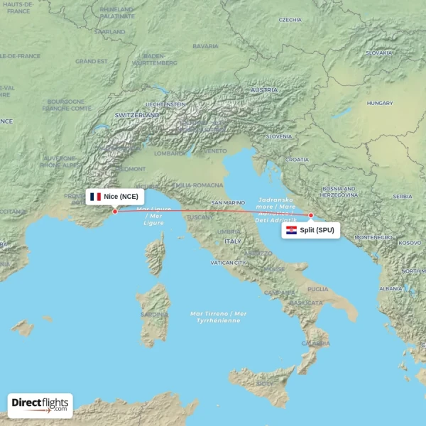 Nice - Split direct flight map