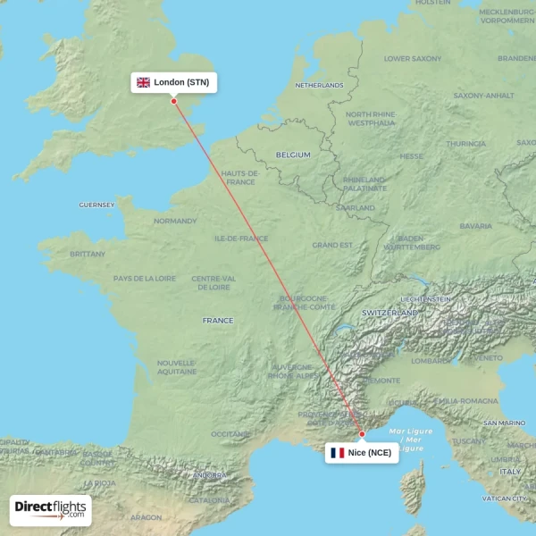 Nice - London direct flight map