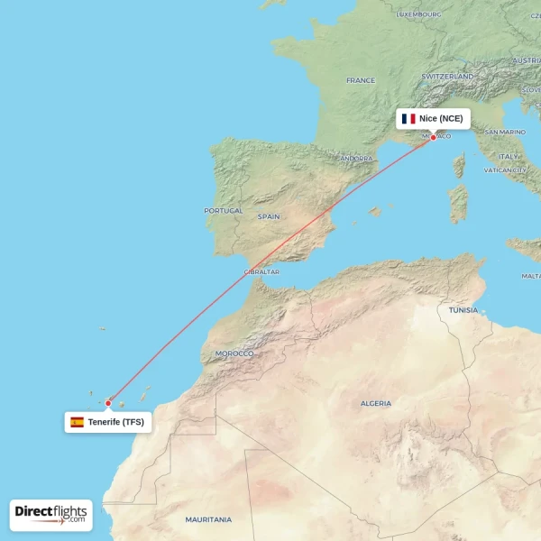 Nice - Tenerife direct flight map