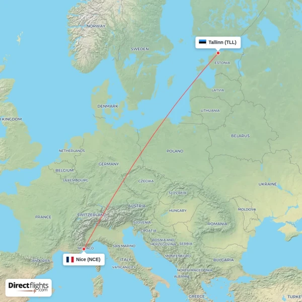 Nice - Tallinn direct flight map