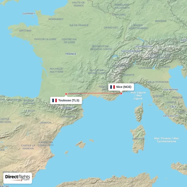 Nice - Toulouse direct flight map
